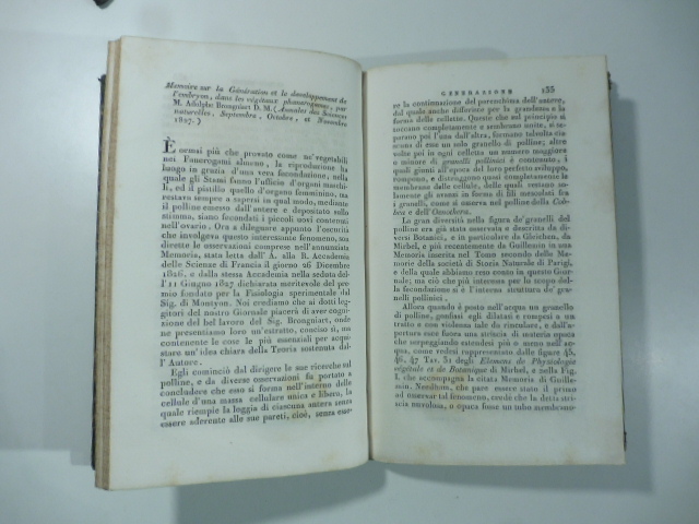 Memoire sur la generation et le developpement de l'embryon dans le vegetaux phanerogames par A. Brongniart...(Stralcio da: Nuovo giornale de' letterati. N. 38. 1828)